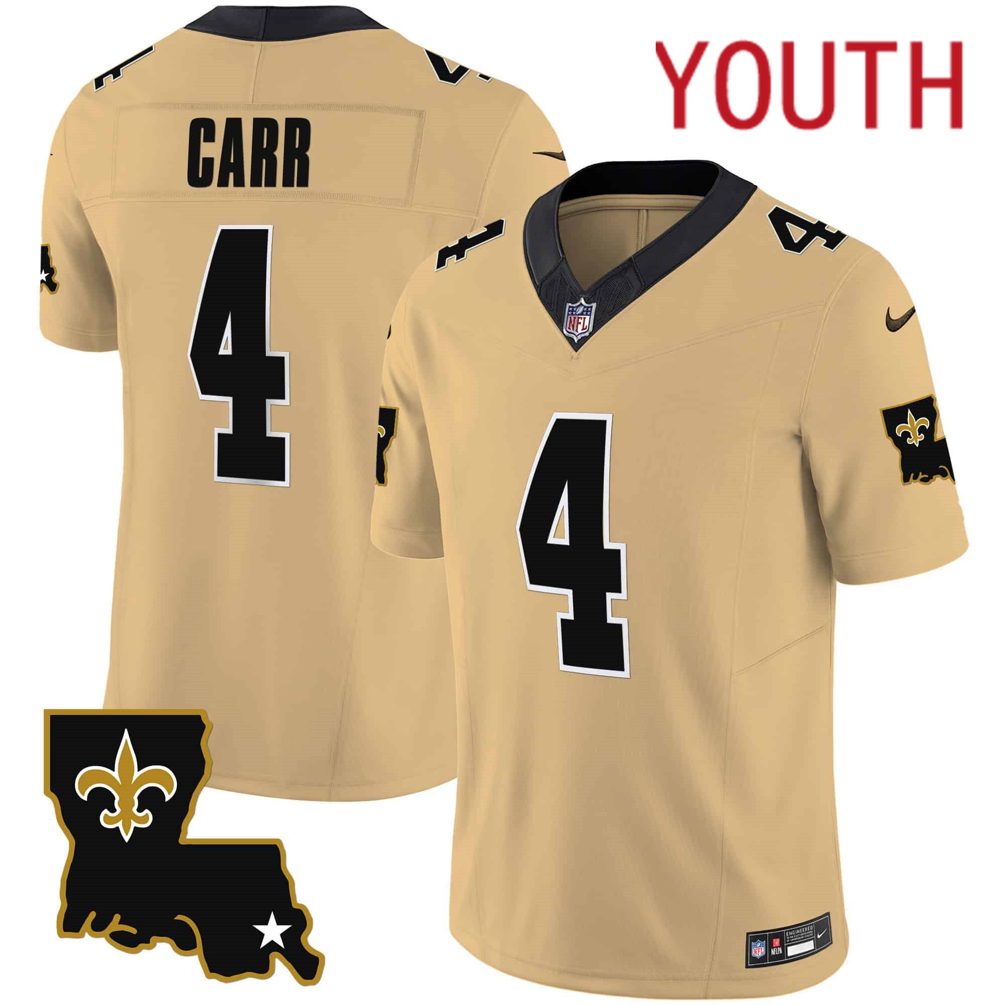 Youth New Orleans Saints 4 Carr Yellow 2024 Nike 1987 Legacy Vapor Limited NFL Jersey